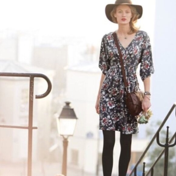 Garnet Hill Gray Red Floral Dress V Neck Small S - Picture 3 of 13